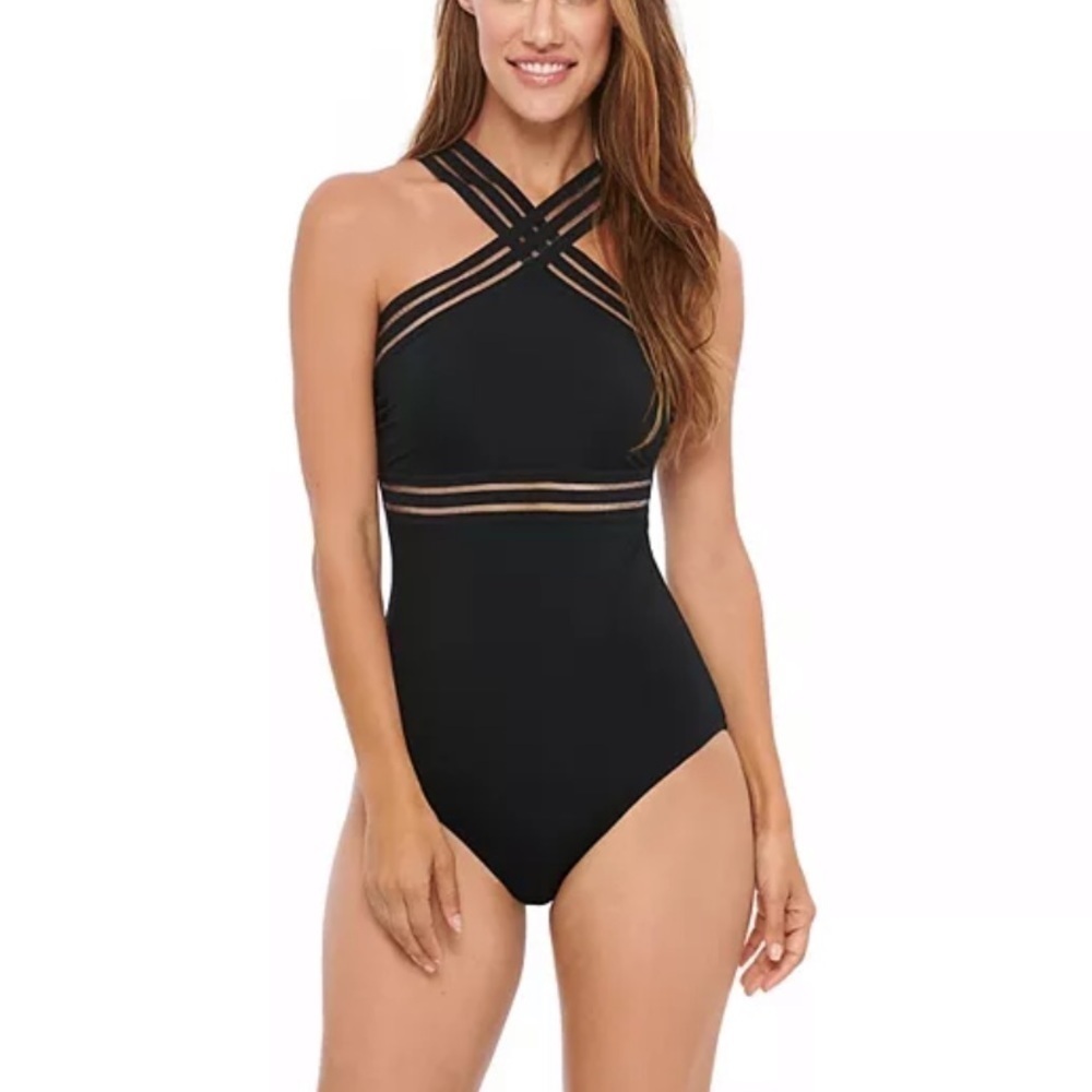 New Black Cross Over One Piece Swimsuit Size Medium - Picture 3 of 9